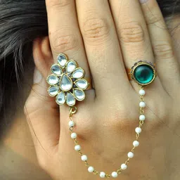 BeAbhika Floral Duo Kundan-Studded Finger Ring With Chain-47