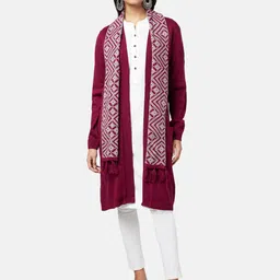 RANGMANCH BY PANTALOONS Women Red & White Longline Shrug With Stole-40