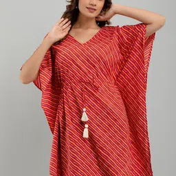 FrionKandy Red Geometric Striped Extended Sleeves Cotton Kaftan Longline Top-image-98