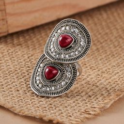 TEEJH Sarama Silver Women Maroon Silver-Plated Gemstone Studded Ring-picture-2