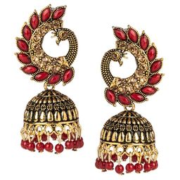 Shining Jewel - By Shivansh Red & Gold-Plated Peacock Shaped Traditional Jhumkas Earrings-1
