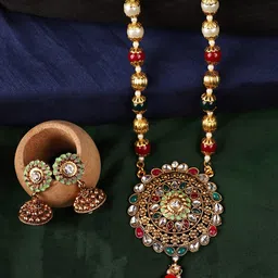 ANIKAS CREATION Gold Toned Meenakari Long Crystal Jewellery Set-36