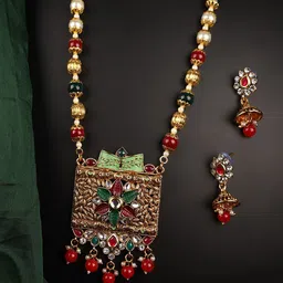 ANIKAS CREATION Gold-Toned Meenakari Long Crystal Necklace & Earring-50