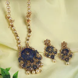 ANIKAS CREATION Blue & Gold-Toned & Plated Stone-Studded Meenakari Necklace Set-13