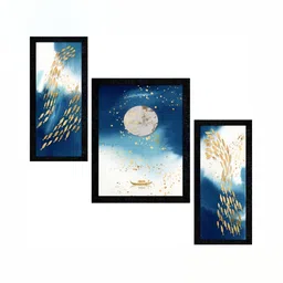 PnF Blue & White 3 Pieces Paper & Wooden Painting Wall Arts-image-83