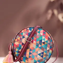 Anekaant Pink & Blue Geometric Printed Round Sling Bag-18