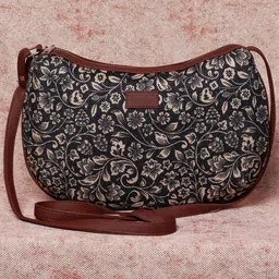 ZOUK Black Floral Printed Half Moon Sling Bag-image-79