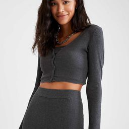 DeFacto Women Charcoal Grey Fitted Ribbed Crop Cardigan-image-6