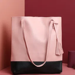 HAUTE SAUCE by  Campus Sutra Pink Colourblocked PU Structured Tote Bag with Tasselled-1