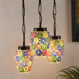 Devansh Blue & Yellow Mosaic Pattern Traditional Glass Cluster Hanging Cluster Lights-11