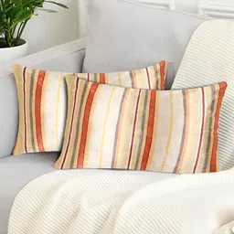 Tesmare Cream & Red 2 Pieces Striped Velvet Rectangle Cushion Covers-image-55