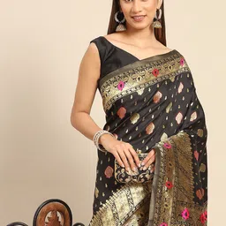 Anouk Black & Gold-Toned Ethnic Motifs Silk Blend Banarasi Saree-15