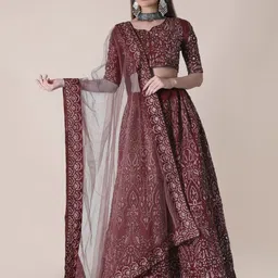 Warthy Ent Maroon & White Embroidered Thread Work Semi-Stitched Lehenga & Unstitched Blouse With Dupatta-picture-25