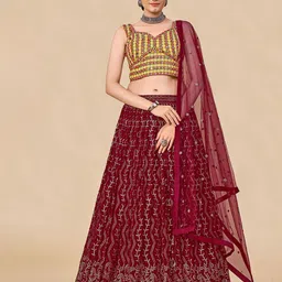 Fusionic Maroon & Yellow Embroidered Mirror Work Semi-Stitched Lehenga & Unstitched Blouse With Dupatta-11
