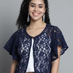 Dressitude Self Design Flared Sleeves Lace Sheer Cotton Open Front Shrug-13