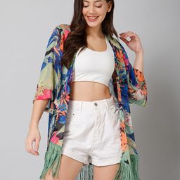 PURYS Tropical Printed Tasselled Longline Shrug-14