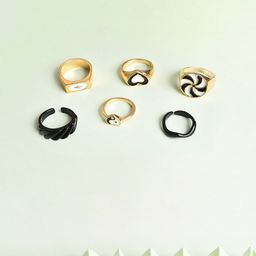 SOHI Set Of 6 Gold-Plated & Black Adjustable Finger Ring-image-4