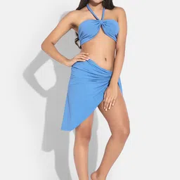 SECRETS BY ZEROKAATA Halter Neck Ribbed Swim Bikini Set With Sarong-image-81
