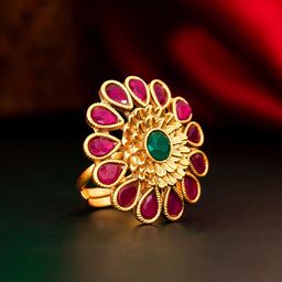 aadita Gold-Plated Pink & Green AD-Studded Finger Ring-55