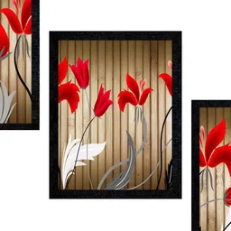 PnF Brown & Red 3 Pieces Floral and Botanical Wooden Painting Wall Art-1