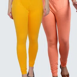 GRACIT Women Yellow & Peach Pack Of 2 Solid Churidar-Length Leggings-image-48