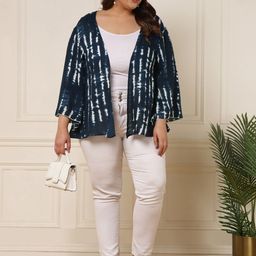 DEEBACO Plus Size Tie & Dye Dyed Open Front Shrug-0
