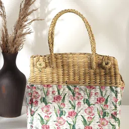 HABERE INDIA Brown Floral Printed Seagrass Reusable Tote Basket-34