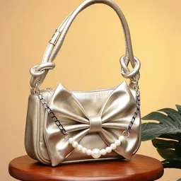 DressBerry Gold Embellished Bow Detail Handheld Bag-image-22