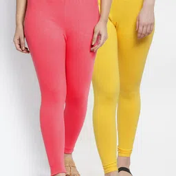 Jinfo Women Yellow & Peach Pack Of 2 Solid Leggings-image-85