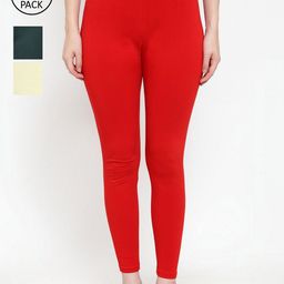 Jinfo Women Pack of 3 Red Cream Solid Super Combod Cotton Leggings-image-57