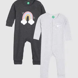 YK Organic Infant Girls Pack Of 2 Charcoal Grey & Grey Melange Printed Organic Cotton Sleepsuits-image-53