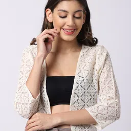 UnaOne Women Self Design Cotton Lace Open Front Shrug-67