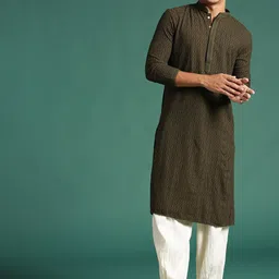 Sangria Olive Green Ethnic Motifs Embroidered Chikankari Cotton Kurta-picture-35