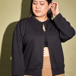 CURVE BY KASSUALLY Black Plus Size Embellished Beaded Open Front Shrug-2
