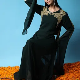Ziva Fashion Women Green Flared Sleeves Embellished yoke design Georgette Kurta-picture-46