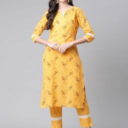 Indibelle Women Yellow & Brown Pure Cotton Ethnic Motifs Printed Straight Kurta-picture-37