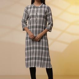 AURELIA Checked Band Collar Three-Quarter Sleeves pure Cotton Kurta With Leggings-image-46