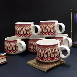 MITHILA Handicrafts Red 6 Pieces Printed Dishwasher Safe Ceramic Glossy Cups 120 ml-35