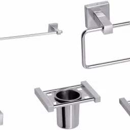 Combo of 5 - Piece Bathroom Accessories Set Towel Rod/ Napkin Ring/ Soap Dish/ Tumbler Holder/ Robe Hook Silver Towel Holder-17