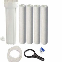 Pre Filter housing Kit with 1pcs prefilter housing, 4pcs Spun Filter, 1pc Wrench, 2 Pcs Elbow Connector with Teflon Tape and 2 Meter Pipe Compatible with All Domestic RO Purification Solid Filter Cartridge-9