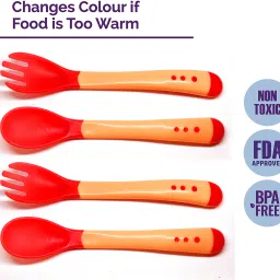 Silicone Tip Heat Sensitive Silicone Spoons | Temperature Sensing Spoons | Spoon & Fork Set (Red, Pack of 4)- Silicon-15