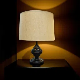 Modern Table Lamp 36 cm, Classic Jute Shade & Glossy Black Turned Metal Base Table Lamp-12