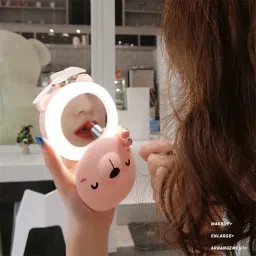 Cartoon Cute Piggy Mini Cosmetic Mirror Compact Portable Pocket Makeup Mirrors Cooling Fan Light Handheld USB Rechargeable-image-27