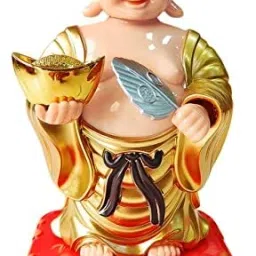SHAKING HEAD & HAND BUDDHA,Laughing Buddha with Holding Ingot and Waving Fan Decorative Showpiece - 13 cm-image-4