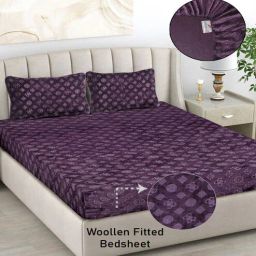 fabinaliv Purple Geometric 300 TC Woollen Fitted Double Bedsheet with 2 Pillow Covers-picture-0