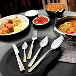 fns Midas 24 Karat Gold Plated - 6 Dinner Spoon, 6 Fork, 6 Tea Spoons & 6 Baby Spoon Stainless Steel Cutlery Set image 5