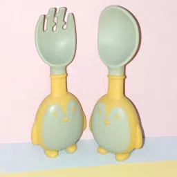 Baby Penguin Shape Flexible Training Spoon and Fork Set - Green - Silicone-7