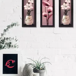 eCraftIndia Set Of 3 Beige & Pink Satin Matt Texture UV Wall Art-14