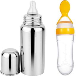 Combo of 2 Item- Silicon Spoon Bottle And Steel Feeding Bottle - 240 ml-image-90
