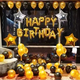 Solid Happy Birthday Party Decoration Combo Kit BLACK AND GOLDEN For Boys & Girls Balloon Bouquet (Pack of 55) Star Foil Balloons Gold and Silver with 50 Metallic Balloons Gold Black Balloons. (Pack of 55) Balloon-image-16